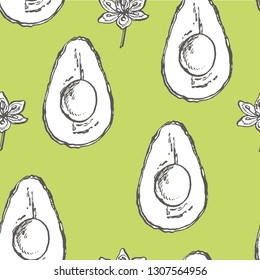 Avocado seamless pattern. Vector hand drawn illustrations. Avocado, sliced pieces, half, leaf and seed sketch. Tropical summer fruit engraved style illustration.