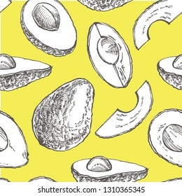 Avocado seamless pattern. Vector hand drawn illustrations. Avocado, sliced pieces, half, leaf and seed sketch. Tropical summer fruit engraved style illustration.