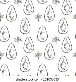 Avocado seamless pattern. Vector hand drawn illustrations. Avocado, sliced pieces, half, leaf and seed sketch. Tropical summer fruit engraved style illustration.
