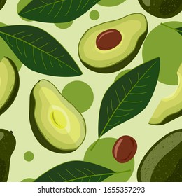 Avocado seamless pattern. Vector illustration of fruit and leaves avocado with green circles background.