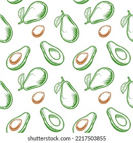 Avocado, seamless pattern. Vector illustration of an avocado isolated on a white background. 