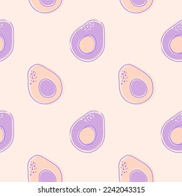 Avocado seamless pattern. Vector illustration. Delicate background with avocado. Lavender Palette.