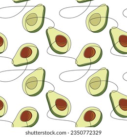 Avocado seamless pattern vector. Line continuous hand drawn  illustration. Vegetable outline backdrop. Botanical background. Food wallpaper, kitchen print, poster, wrapping paper, package design.