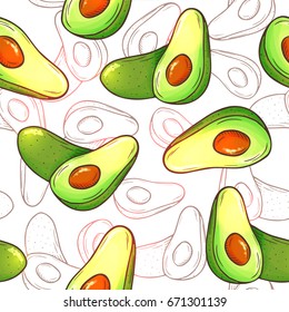 Avocado seamless pattern. Whole avocados, sliced pieces, cut half with seed sketch. Tropical summer fruit hand drawn cartoon style background. Healthy food print
