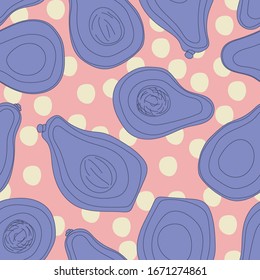 Avocado seamless pattern. Whole and decorated avocado isolated on light pink background. Hand draw vector stock  illustrations. Can be used for packaging, wrapping paper, textiles, fabric etc. 