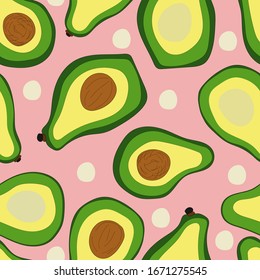 Patrón aguacate sin fisuras. Vocado completo y decorado aislado en un fondo rosa claro. Ilustraciones de material vectorial de tracción manual. Se puede utilizar para embalar, envolver papel, textiles, tejidos, etc. 