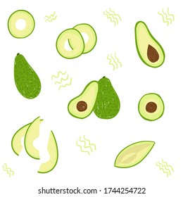 Avocado seamless pattern. Whole avocado, half, cut, sliced avocado with seed isolated on white background for design, fabric, textile, wrapping paper