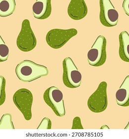 Avocado Seamless Pattern with Whole and Halved Fruits Hand Drawn Vector Design on Beige Background.