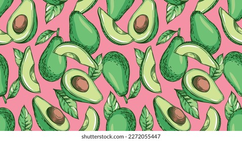 Avocado nahtloses Muster. Ganzer Avocado, Halbheiten von Avocado und Blättern. Handgezeichnete botanische Elemente. Grafische Früchte im Vintage-Stil. Lineare Vektorgrafik.