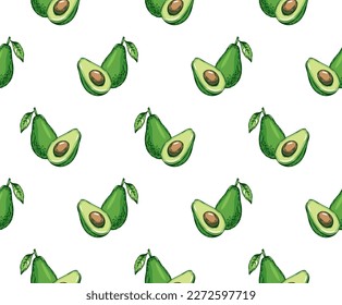 Avocado nahtloses Muster. Ganzer Avocado, Halbheiten von Avocado und Blättern. Handgezeichnete botanische Elemente. Grafische Früchte im Vintage-Stil. Lineare Vektorgrafik.