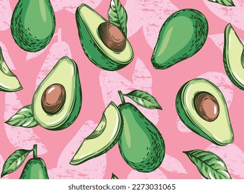 Avocado seamless pattern. Whole avocado, halves of avocado and leaves. Hand drawn botanical elements. Graphic fruits in vintage style. Vector colored linear illustration.