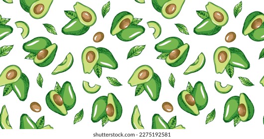 Avocado seamless pattern. Whole avocado, halves of avocado and leaves. Hand drawn botanical elements. Graphic fruits in vintage style. Vector colored linear illustration.