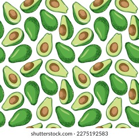 Avocado seamless pattern. Whole avocado, halves of avocado and leaves. Hand drawn botanical elements. Graphic fruits in vintage style. Vector colored linear illustration.