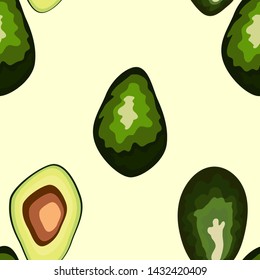 Avocado seamless pattern. Whole and sliced avocado. Original simple flat illustration. Shabby style.