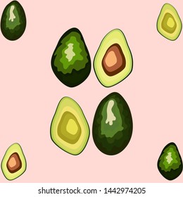 Avocado seamless pattern. Whole and sliced avocado. Original simple flat illustration. Shabby style.