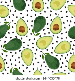 Avocado seamless pattern whole and sliced on white background, Fruits vector illustration