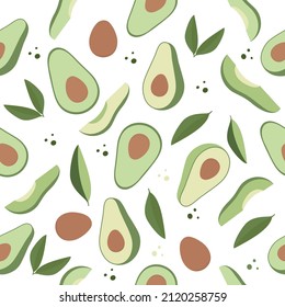 Avocado nahtloses Muster ganz und geschnitten auf weißem Hintergrund. Früchte, Vektorgrafik