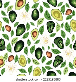 Avocado seamless pattern. Whole and sliced avocado with leaves and flowers. Original simple flat illustration