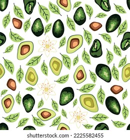 Patrón de aguacate sin fisuras. aguacate entero y rebanado con hojas y flores. Ilustración plana simple original