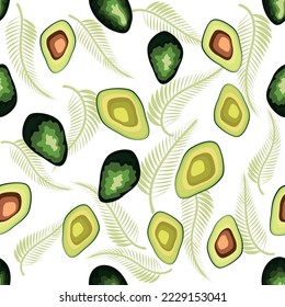 Avocado seamless pattern. Whole and sliced avocado with leaves and flowers. Original simple flat illustration