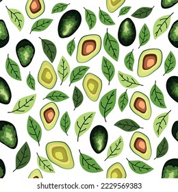 Avocado seamless pattern. Whole and sliced avocado with leaves and flowers. Original simple flat illustration