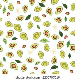 Avocado nahtloses Muster. Ganzer und geschnittener Avocado mit Blättern und Blumen. Originelle, einfache Flachgrafik