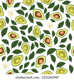 Avocado nahtloses Muster. Ganzer und geschnittener Avocado mit Blättern und Blumen. Originelle, einfache Flachgrafik
