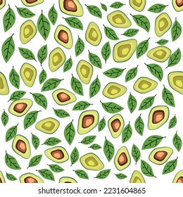 Avocado seamless pattern. Whole and sliced avocado with leaves and flowers. Original simple flat illustration