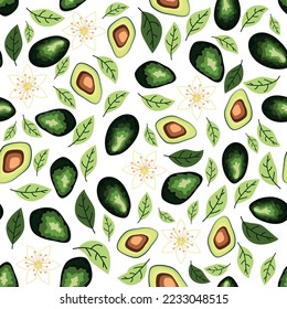 Patrón de aguacate sin fisuras. aguacate entero y rebanado con hojas y flores. Ilustración plana simple original