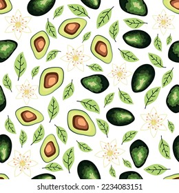 Avocado seamless pattern. Whole and sliced avocado with leaves and flowers. Original simple flat illustration