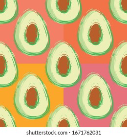 Avocado seamless vector pattern background. Hand drawn painterly fruit illustration with pink orange squares. Modern minimalist geometric color clash backdrop. Hot summer vegetarian barbecue concept.