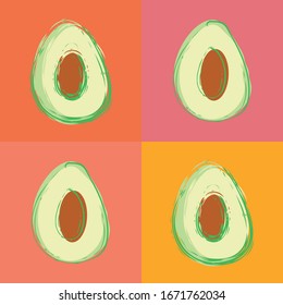 Avocado seamless vector pattern background. Hand drawn painterly fruit illustration with pink orange squares. Modern minimalist geometric color clash backdrop. Hot summer vegetarian barbecue concept.