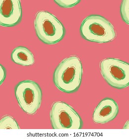 Avocado seamless vector pattern background. Hand drawn painterly fruit illustration on pink backdrop. Modern minimalist color clash all over print. Hot summer vegetarian barbecue concept.
