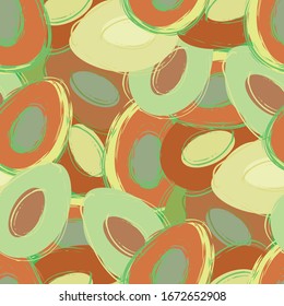 Avocado seamless vector pattern background. Hand drawn painterly fruit illustration texture backdrop. Modern dense layered monochrome illustration. All over print for vegetarian barbecue concept.