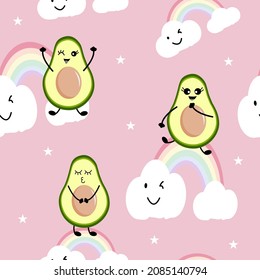 Fondo de patrón vectorial sin fisuras de aguacate para papel pintado, envoltura, embalaje, textura y fondo. Carácter de fruta dulce, Patrón Kawaii Aguacates sin foco.