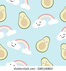 Avocado seamless vector pattern background for wallpaper, wrapping, packing, texture and backdrop. Cute fruit character, Seamless Kawaii Avocados Pattern.