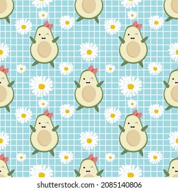 Avocado seamless vector pattern background for wallpaper, wrapping, packing, texture and backdrop. Cute fruit character, Seamless Kawaii Avocados Pattern.