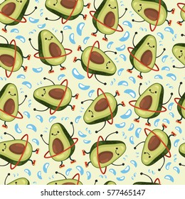 Avocado seamless vector pattern. Cute fruit character doing exercises with hula hoop. Eating healthy and fitness.