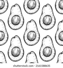 Avocado seamless vector pattern. Half of garden summer fruit with seed, ripe pulp. Hand drawn black and white tropical food sketch. Monochrome outline of exotic vegetable. Engraving style
