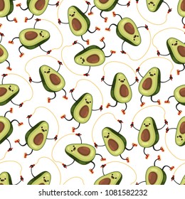 Avocado seamless vector pattern on white background for wallpaper, wrapping, packing, texture and backdrop. Cute fruit character makes the jump rope exercises. Eating healthy and fitness.