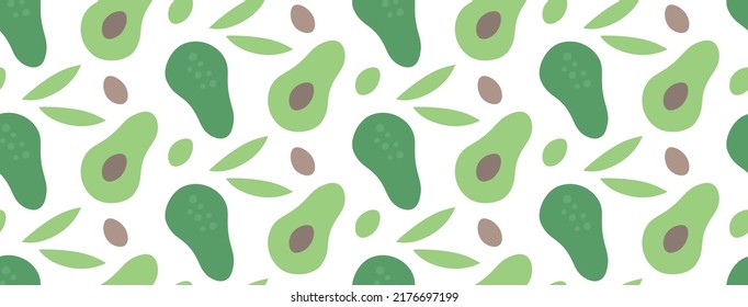 Avocado nahtlose Vektormuster. Sommer biologischer Hintergrund. Trendfarbene kindische Muster für Dekoration, Plakat, Textilien. Einfache Vektorgrafik mit vegetarisch gesundem Essen