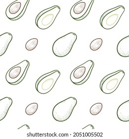 Aguacate, patrón vectorial sin fisuras. Vocado entero, cortado en medio aguacate. Ilustración vectorial, aislada en un fondo blanco.