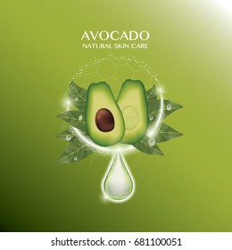 Avocado  Serum Skin Care ads on green background, Cosmetics Concept 