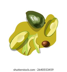 Avocado set background. Bright green whole fruit , half, slice, with bone. Products for healthy diet.
