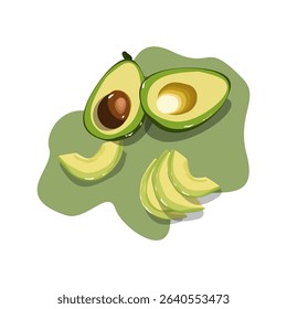 Avocado set background. Bright green whole fruit , half, slice, with bone. Products for healthy diet.