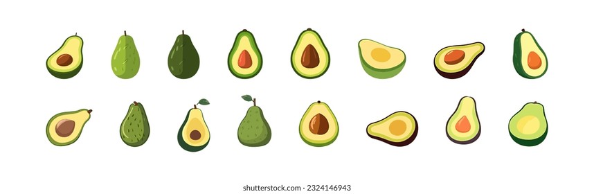 Avocado set flat cartoon isolated on white background. Vector illustration