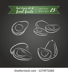 avocado. Set of fresh fruits, whole, half and bitten with leaf. Vector illustration. Isolated on blackboard	

