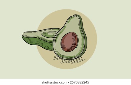 Avocado set in green circle continuous line art drawing isolated on beige background. Food and healthy. Vector illustration
