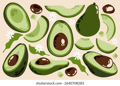 Avocado set. Green nature fruit with seed whole and sliced half, healthy organic food, cartoon ripe exotic tropical avocados. Vector vegetable collection.