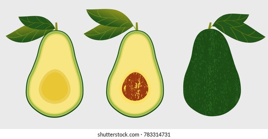 Avocado set isolated with leaf. One slice with the core. Two slices and one whole avocado isolated on grey background. Design elements for product label.